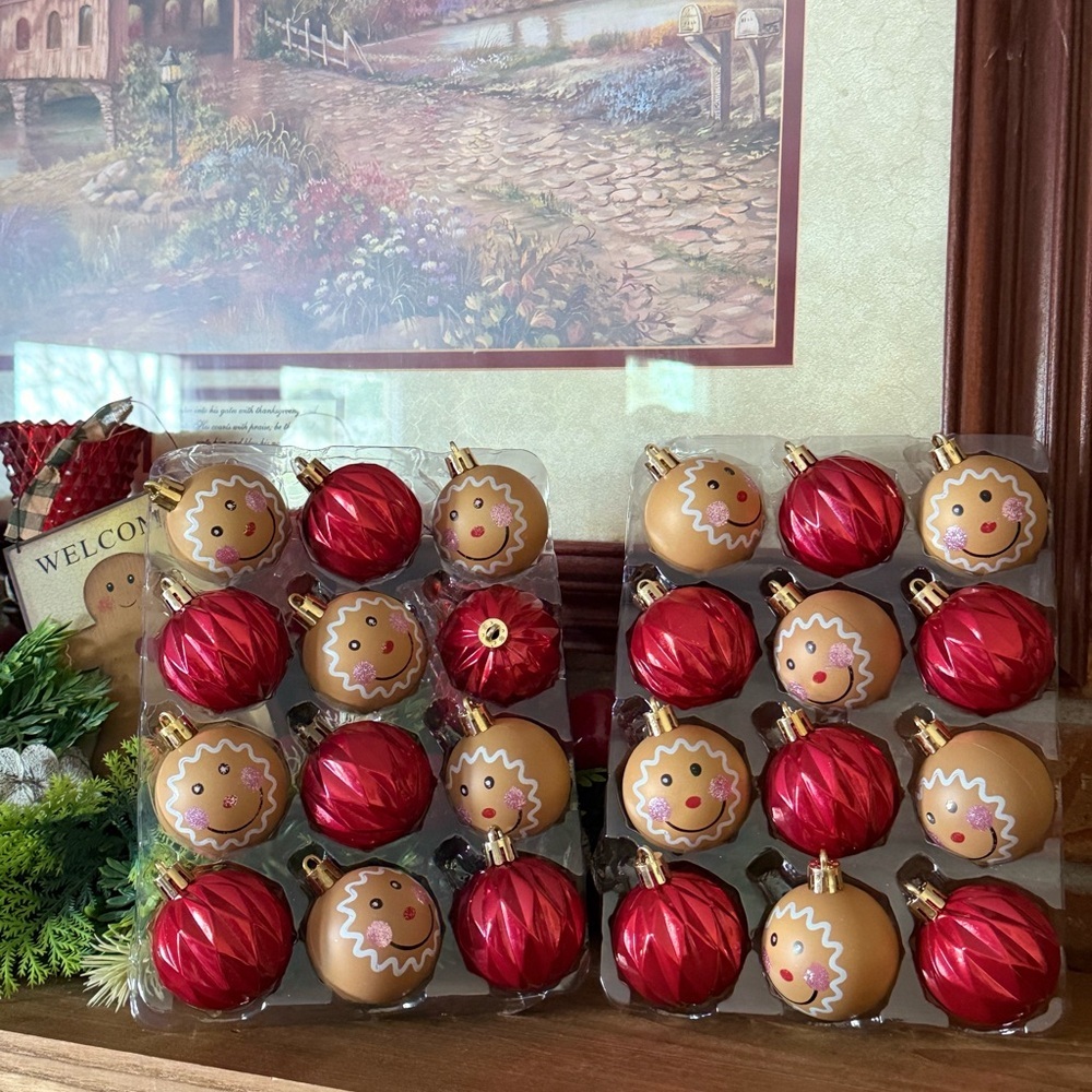 Holiday Gingerbread and Red Shatterproof Ornament Set 24 pc NWT
